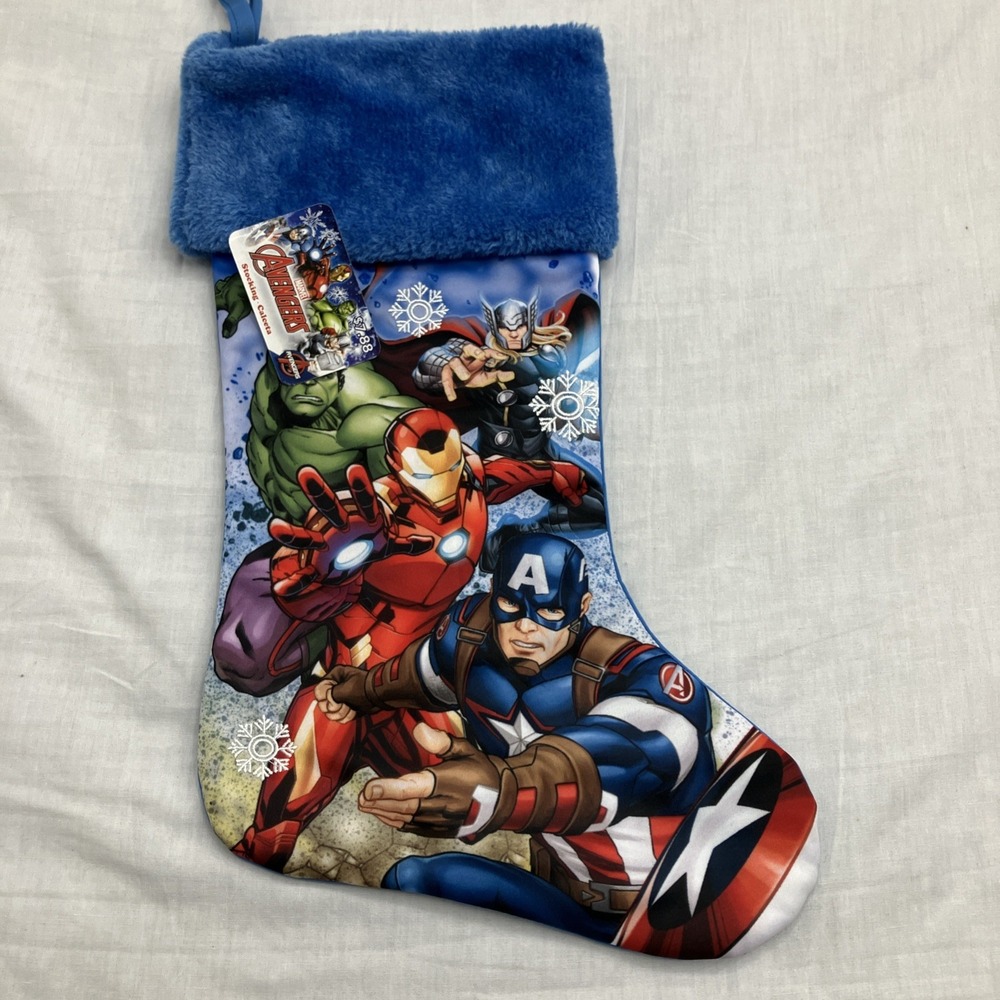 Marvel Avengers Christmas Stocking Blue Fur Cuff Capt America/Iron Man